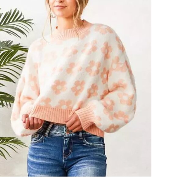 Floral Print Cropped Sweater Womens Size Small Peach Mint - Picture 3 of 10
